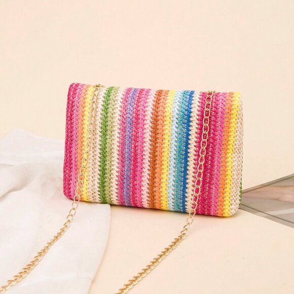 Multicolor Casual Women's Chain Shoulder Bag Small Square Woven Colorful Bag - Picture 4 of 5